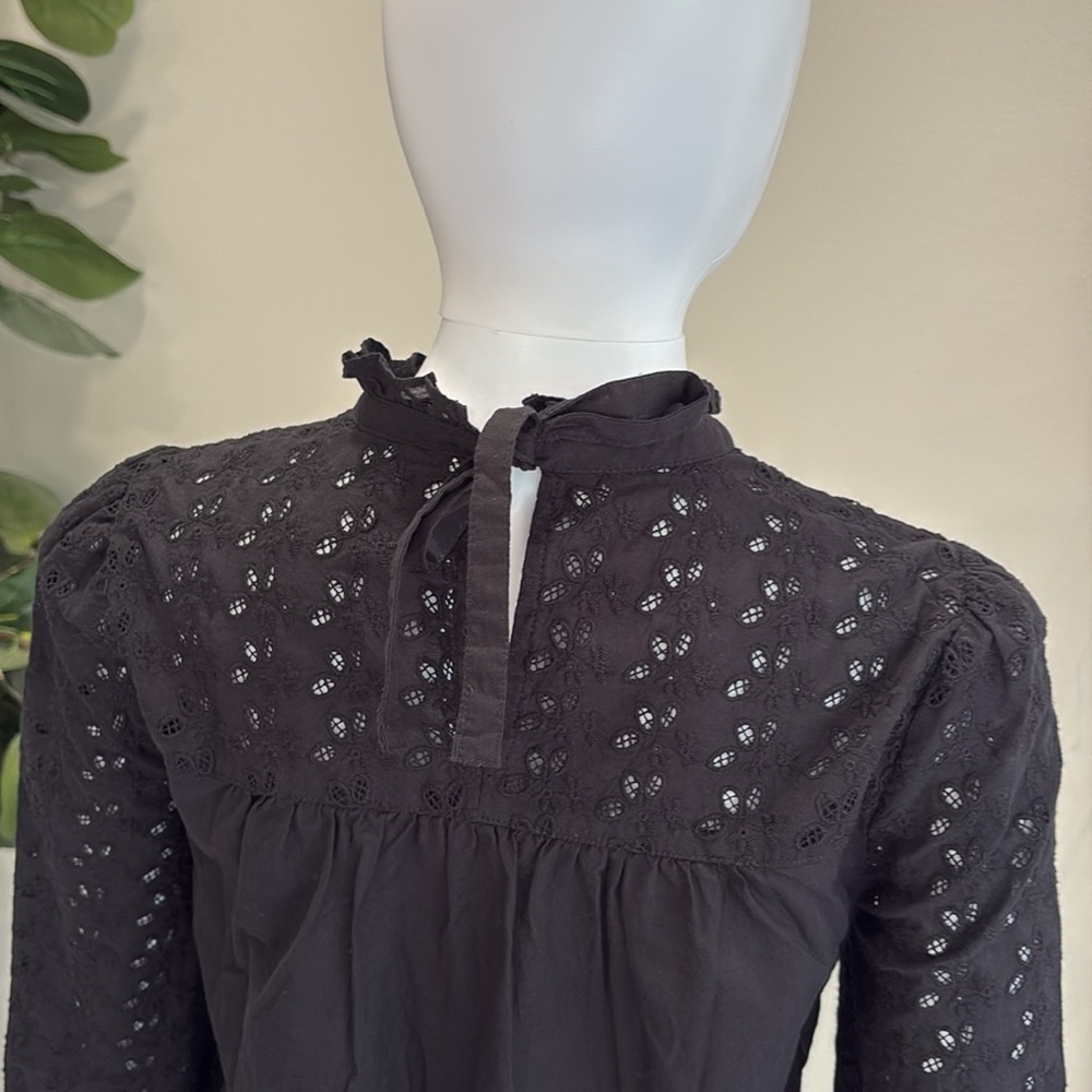 Madewell Black Eyelet Peasant Blouse Sz XXS Ruffle Tie Neck Balloon Long Sleeve - Picture 7 of 12